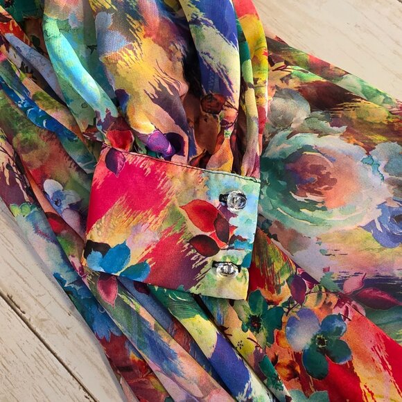 Karen J Chiffon Watercolor Floral Maxi Dress Long Sleeve L Made in USA Feminine - Picture 7 of 10